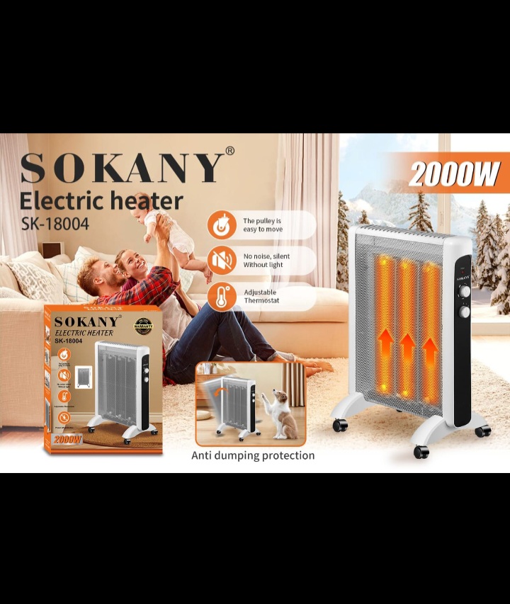 بخاری برقی SOKANY مدل SK-18004 توان 2000 وات با ترموستات قابل تنظیم و پایه چرخ‌دار